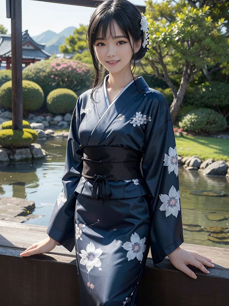 (Ultra-realistic), (Best illustrations), (Increase the resolution), (8K), (masterpiece), (wallpaper), alone, 1 Girl, Looking at the audience, Black straight hair, Slender body, Smile, Yukata with blue floral pattern, Japanese garden