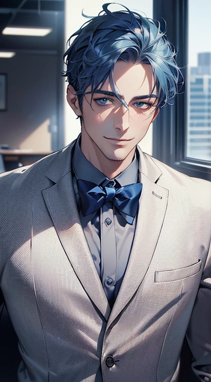 (best quality,4k,8k,highres,masterpiece:1.2),ultra-detailed,(realistic,photorealistic,photo-realistic:1.37),1 man,31 years old,mature man,very handsome,without expression,smile,short blue hair,blue eyes,penetrating gaze,perfect face without errors,imposing posture,businessman,office background,cinematic lighting,hdr image