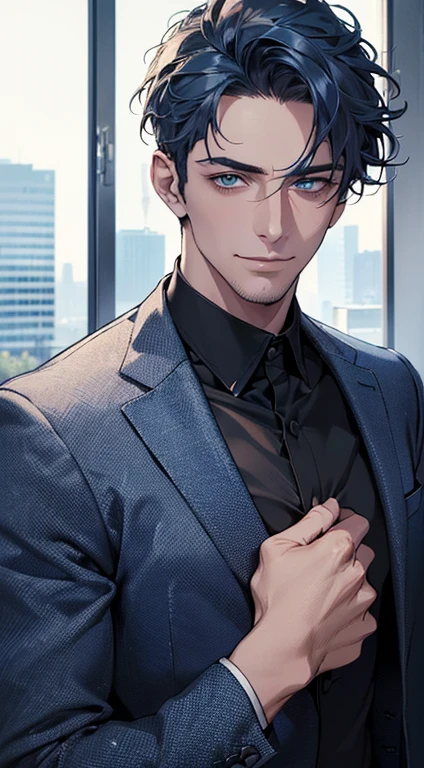 (best quality,4k,8k,highres,masterpiece:1.2),ultra-detailed,(realistic,photorealistic,photo-realistic:1.37),1 man,31 years old,mature man,very handsome,without expression,smile,short blue hair,blue eyes,penetrating gaze,perfect face without errors,imposing posture,businessman,office background,cinematic lighting,hdr image