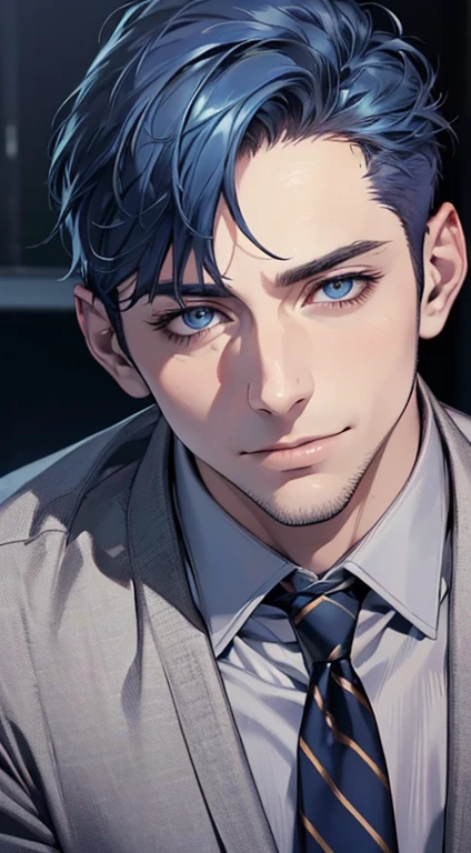 (best quality,4k,8k,highres,masterpiece:1.2),ultra-detailed,(realistic,photorealistic,photo-realistic:1.37),1 man,31 years old,mature man,very handsome,without expression,smile,short blue hair,blue eyes,penetrating gaze,perfect face without errors,imposing posture,businessman,office background,cinematic lighting,hdr image