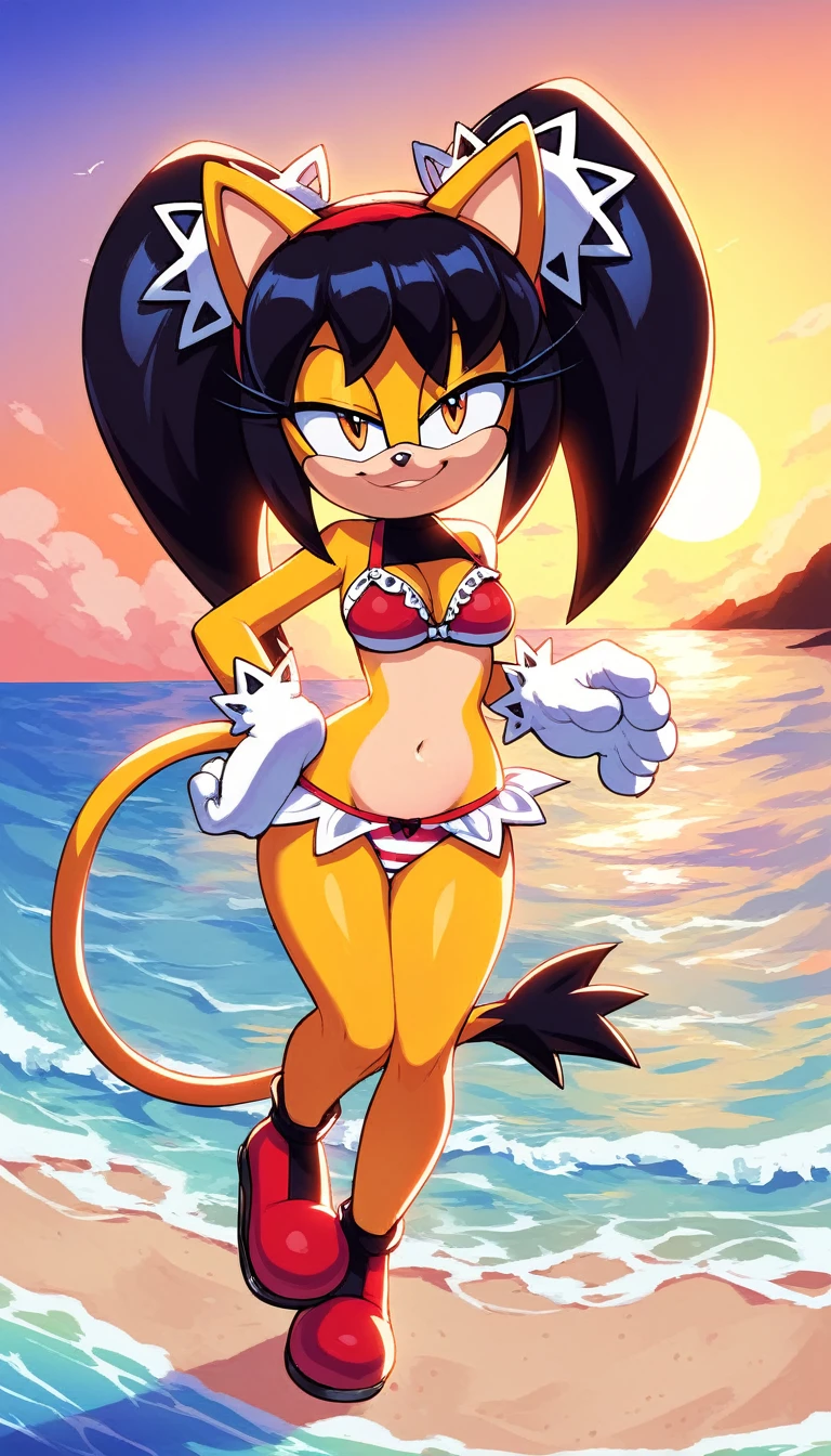 score_9, score_8_up, 2D, beach, sunset, looking at viewer, 1girl, very detailed, extremely detailed, honey the cat from the sonic the hedgehog series, full body, frilly hair ties, half-closed eyes, smug smile, {(red bikini), (striped bikini bra), (striped bikini panties), hips, thighs, medium breasts, paw feet