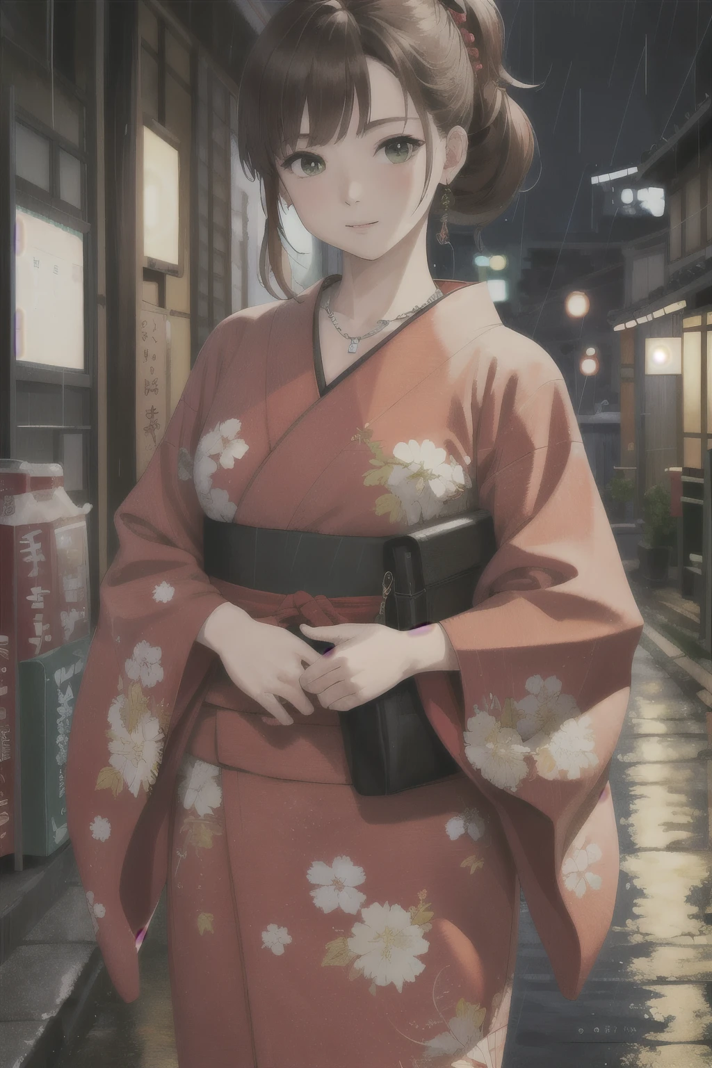 masterpiece, Highest quality, Realistic, Scattered beneath the surface, Color lighting,

Colorization, red + white + green + Black limited color palette, 詳細なコンセプトfigure, Line art, figure, Brown Hair, Big  Fashion, Printed yukata,

18 year old girl, Medium softness of breasts, thin, Put your hair up,

shy, Straight hair, necklace, reveal, Japan, town, street, rain, Wet,