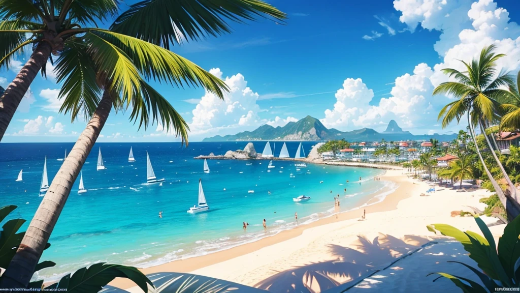 a beautiful beach scene, an overhead view of a tropical paradise, white sand, crystal clear turquoise water, palm trees swaying in the breeze, rocky cliffs, a wooden pier extending into the ocean, colorful beach umbrellas, people relaxing on the sand, sailboats in the distance, seagulls flying overhead, detailed foliage, cinematic lighting, vibrant colors, photorealistic, 8k, masterpiece