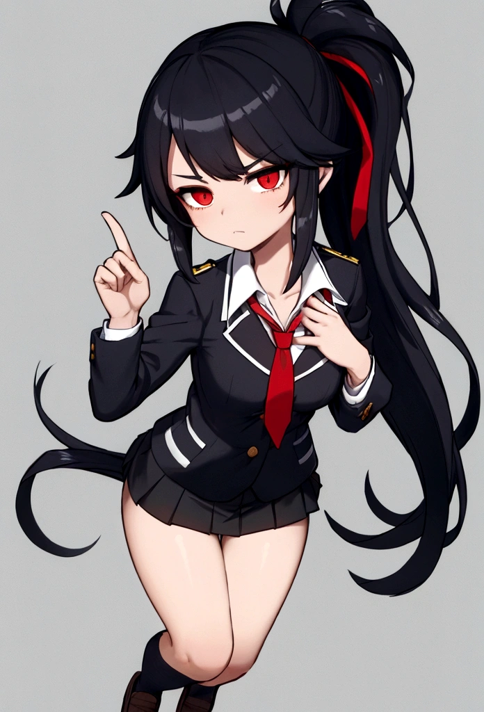 Close-cropped bangs, long sideburns, long straight black hair, female student, navy blazer, white shirt, red ribbon tie, checked miniskirt, Raise foot high , high-kick, shout