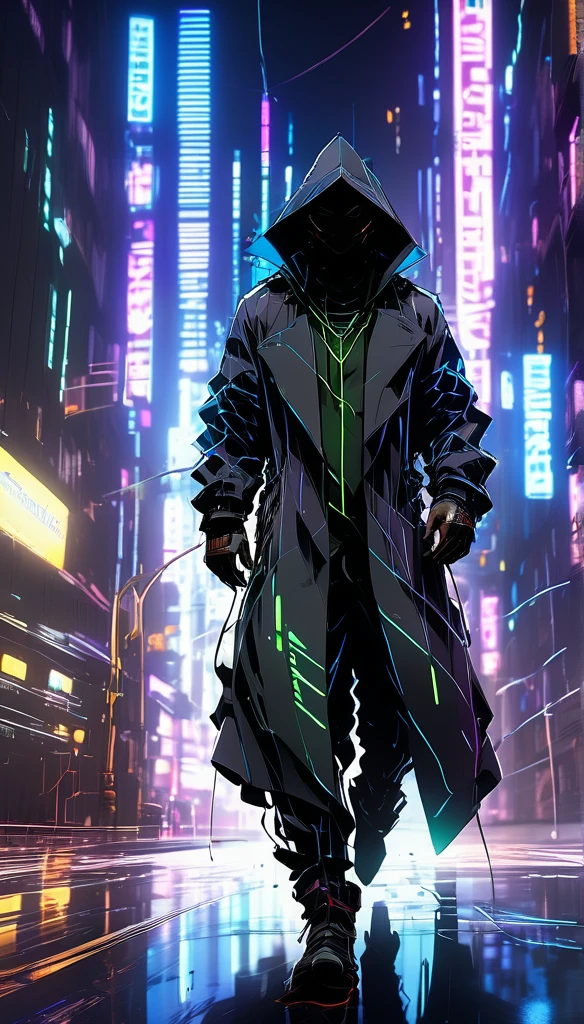 wide and far shot, ((a man in a black hooded trench coat, return to camera:1.5)), standing on rainy street, looking at a futuristic city at night, a dark cityscape with neon lights (Best Quality, 4k, 8k , high resolution, Masterpiece: 1.2), ultra detailed (realist, photorealist, photorealist: 1.37), cinematic lighting, dramatic shadows, moody atmosphere, intricate details, Bright city lights, advanced technology, Retro-futuristic architecture, dynamic pose, hood that casts shadows on the face, intense look