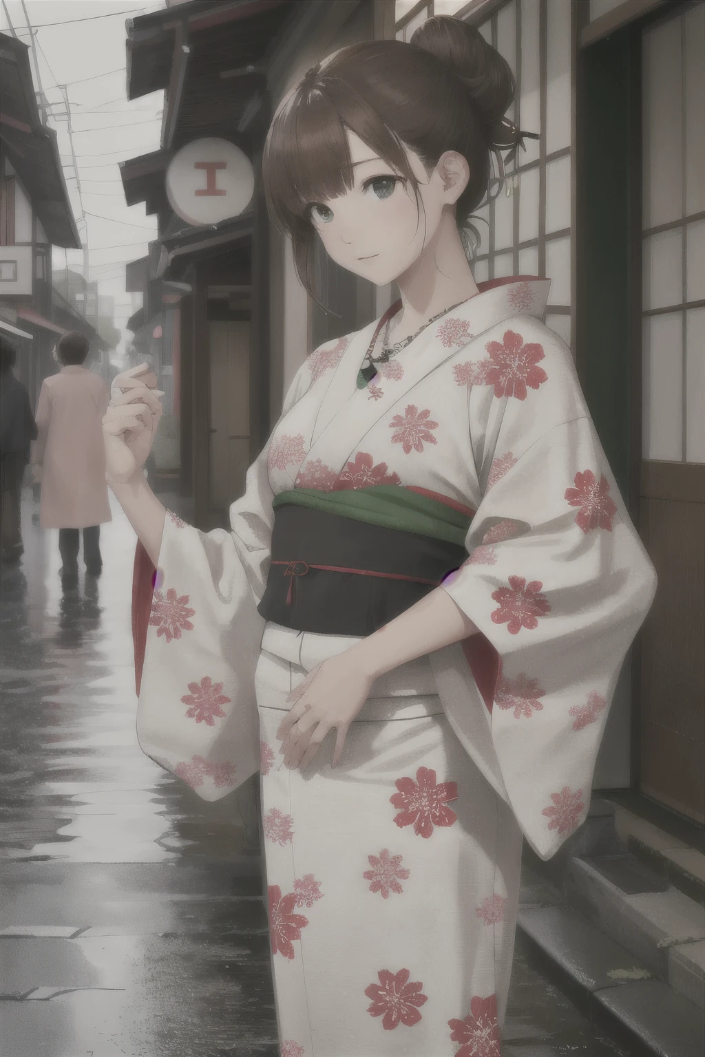 masterpiece, Highest quality, Realistic, Scattered beneath the surface, Color lighting,
Colorization, red + white + green + Black limited color palette, 詳細なコンセプトfigure, Line art, figure, Brown Hair, Big Fashion, Printed yukata,
18 year old girl, Medium softness of breasts, thin, Put your hair up,
shy, Straight hair, necklace, reveal, Japan, town, street, rain, Wet,