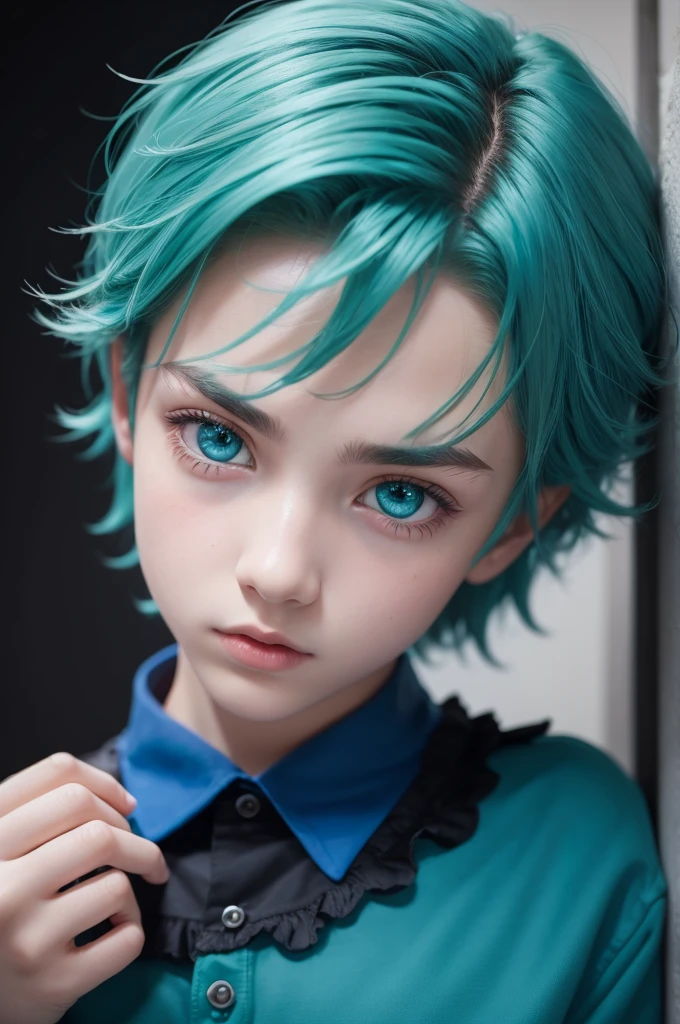 Boy with green eyes and blue hair , 3d red blouse

