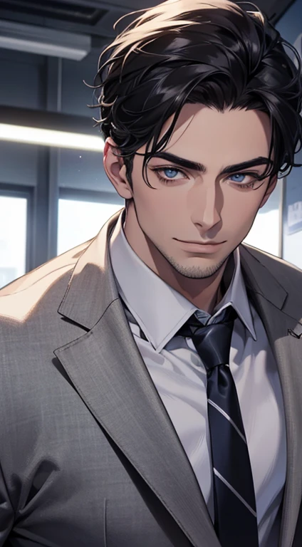 (best quality,4k,8k,highres,masterpiece:1.2),ultra-detailed,(realistic,photorealistic,photo-realistic:1.37),1 man,31 years old,mature man,very handsome,without expression,smile,short grey black hair,blue eyes,penetrating gaze,perfect face without errors,imposing posture,businessman,office background,cinematic lighting,hdr image