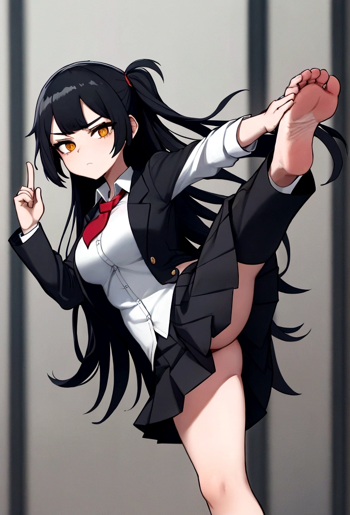 Close-cropped bangs, long sideburns, long straight black hair, female student, navy blazer, white shirt, red ribbon tie, checked miniskirt, Raise foot high , high-kick, shout