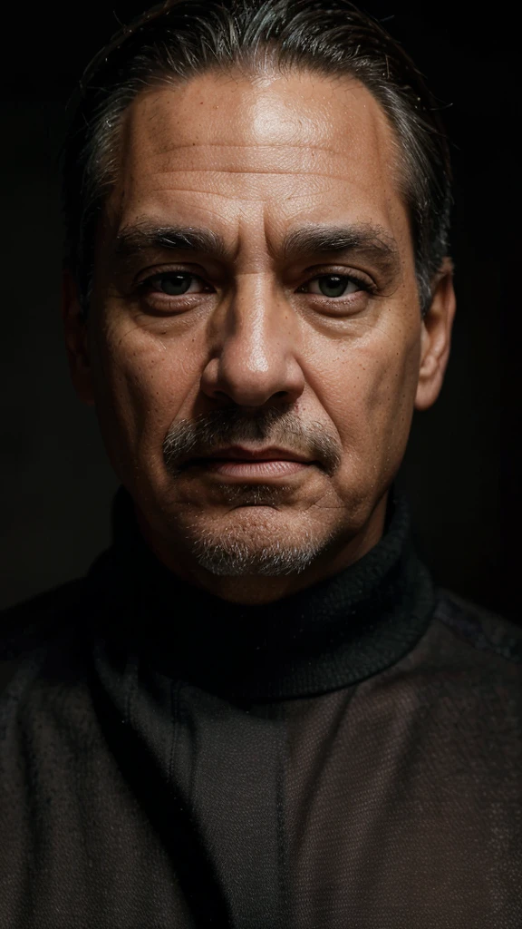 (best quality,4k,8k,highres,masterpiece:1.2),ultra-detailed,(realistic,photorealistic,photo-realistic:1.37),portrait,dark,contrasting,studio lighting,vivid colors,deep shadows,sharp focus,texture
A middle-aged man with prominent features, Luis Nieves Sr., vividly depicted in this portrait. His mature face is captured in high resolution, showcasing every wrinkle and detail. The lighting is expertly set, with deep shadows adding depth and contrast to the image. His intense gaze is captured in a frontal view, drawing the viewer's attention and creating a sense of intimacy. The use of vibrant colors enhances the overall impact, making the image stand out. The dark background adds a touch of mystery to the composition, emphasizing the subject's presence. This is a true masterpiece, a realistic representation reflecting the finest craftsmanship. Green eye.