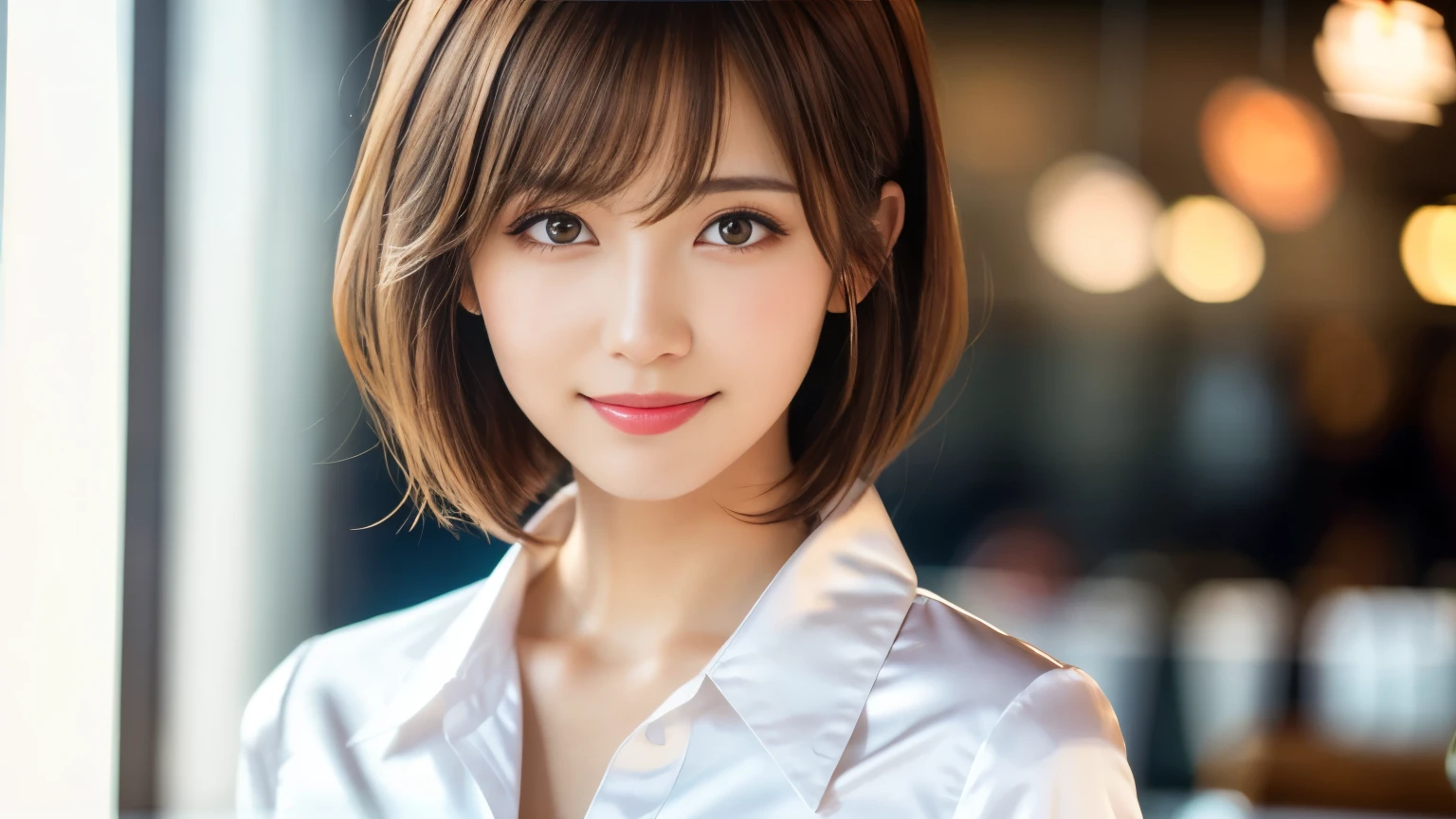 Product quality, Upper Body Shot, Front view, inside a stylish cafe, 1 Girl, Young and beautiful Japan woman, Short Bob Hair, Super cute face, glamorous, I wear a satin silk white shirt with short sleeves and long sleeves with a collar, The cafe is full of smiles, Glossy Lips, Double eyelids on both eyes, Natural Makeup, Long eyelashes, Shiny and smooth light brown hair, Asymmetrical bangs, Sunburned skin, Center image, High resolution, High detail, Detailed hairstyle, Detailed face, Cinema Lighting, Surreal, Perfect body,