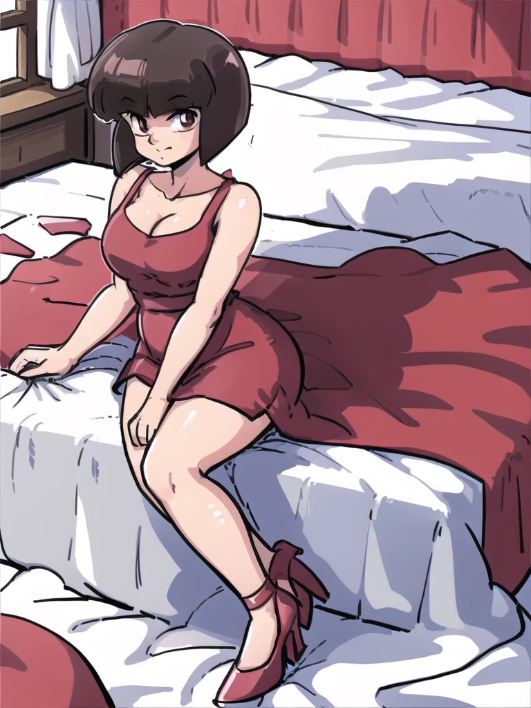 ((masterpiece)), best quality, ultra detailed, looking at viewer, intricate details, rich colors, sharp focus, volumetric lighting, dramatic atmosphere, nabiki tendo, brown eyes, nabiki, looking at viewer, 8k, 4k,light particles, highly detailed, detailed eyes, bedroom background, solo, daylight, bob cut, mini skirt, thick LEGS, red dress, pelvic curtain dress, heels, sit on bed,TendouNabiki, BLUE SKY, red heels, smile, cleavage, seductive pose, white pantys,