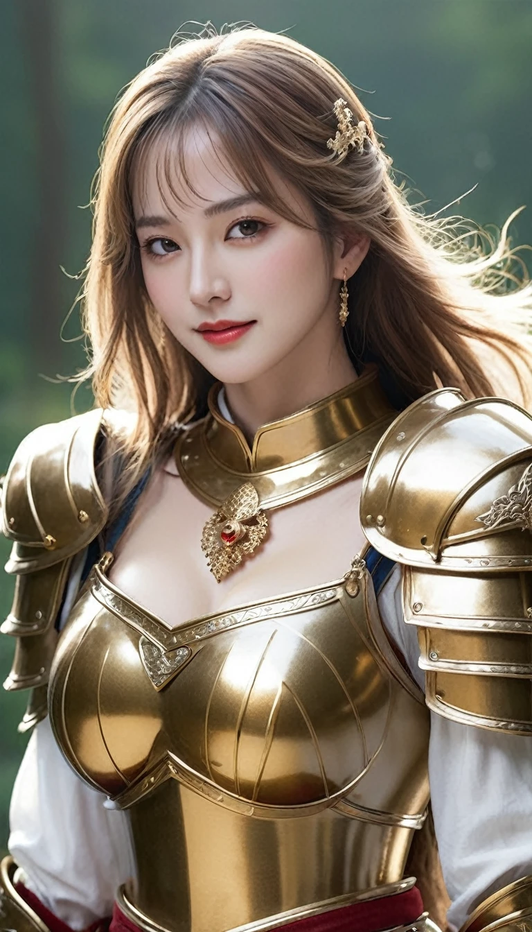 masterpiece,Highest quality,Top knight,(Female knight_knight:1),(Gold Armor:1.3), (35歳のFemale knight:1.3),、Big and ample breasts Big big cleavage ,Hyper Real,In a battlefield in medieval Europe,Beautiful smile、British women、Delicate skin texture to the smallest detail、Detailed blue eyes (Very large)、(Beautiful middle-aged woman)、(Fluffy long blonde hair)、Dense and dense skin texture、(((Very large)))、Female knight、(((Big big cleavage)))、Richly decorated golden armor、Golden long boots with flashy decorations、Pure gold and jewellery necklaces and collars、Big gold earrings、Red lips、(((Dressed in gorgeous golden armor)))、Golden Long Globe、((She has a fancy long sword))、The sword is ornately decorated..........................、((The blade is crimson))、(Female knight)、(battlefield)、