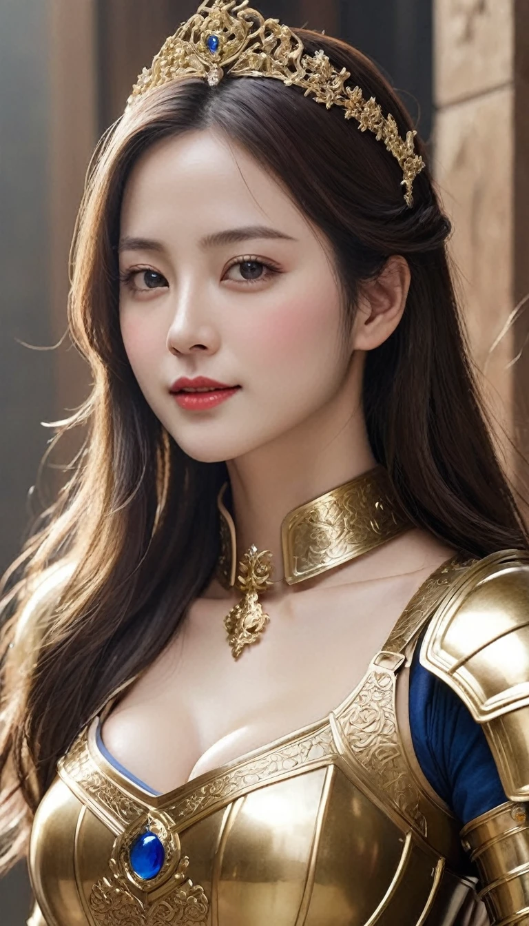 masterpiece,Highest quality,Top knight,(Female knight_knight:1),(Gold Armor:1.3), (35歳のFemale knight:1.3),、Big and ample Big big cleavag Real,In a battlefield in medieval Europe,Beautiful smile、British women、Delicate skin texture to the smallest detail、Detailed blue eyes (Very large)、(Beautiful middle-aged woman)、(Fluffy long blonde hair)、Dense and dense skin texture、(((Very large)))、Female knight、(((Big big cleavage)))、Ricrated golden armor、Golden long boots with flashy decorations、Pure gold and jewellery necklaces and collars、Big gold earrings、Red lips、(((Dressed in gorgeous golden armor)))、Golden Long Globe、((She has a fancy long sword))、The sword is ornately decorated..........................、((The blade is crimson))、(Female knight)、(battlefield)、