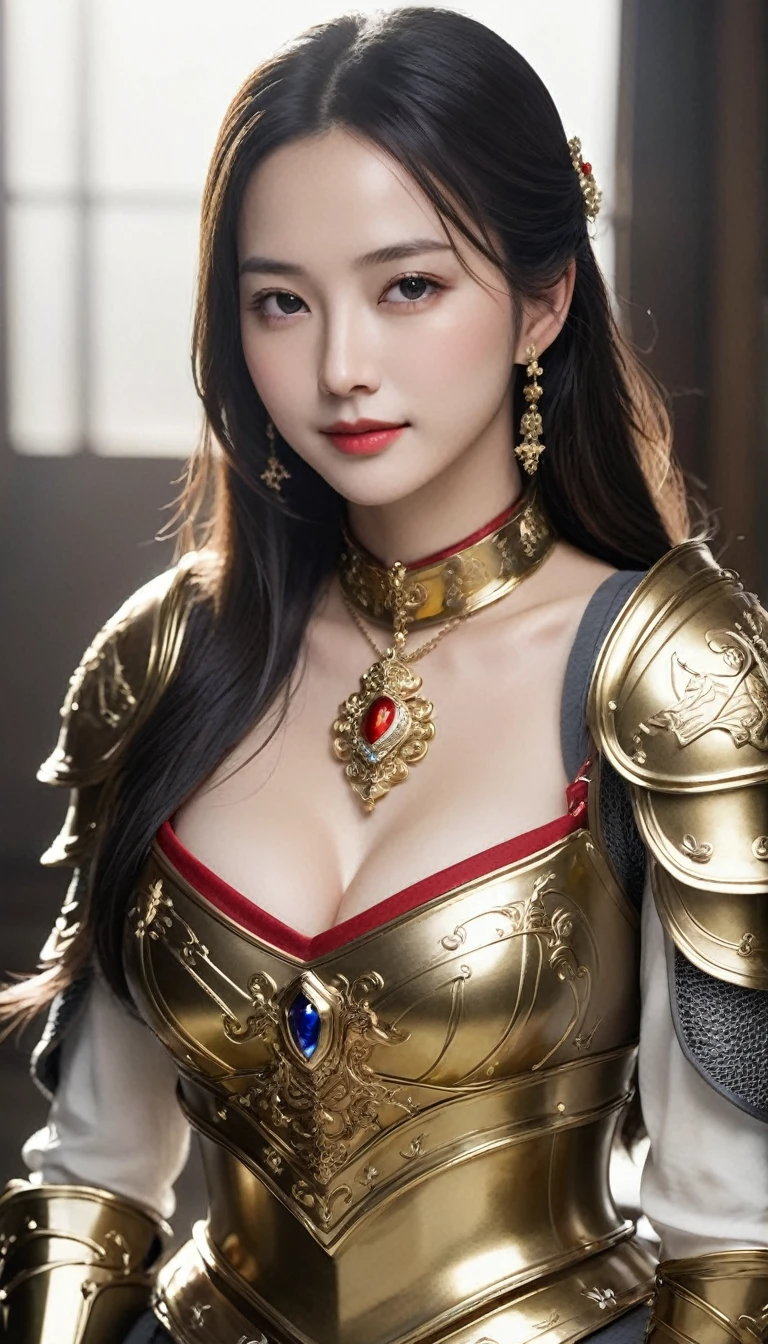 (best quality), (masterpiece), (high resolution), (intricate details:0.2), (professional lighting), simple background, chinese steel armor, off shoulder, (previous view), 1girl, solo, (beautiful face:1.40), curvaceous body, fine skin, smile, long black hair, brown eyes, (big breasts:1.10), see at viewer