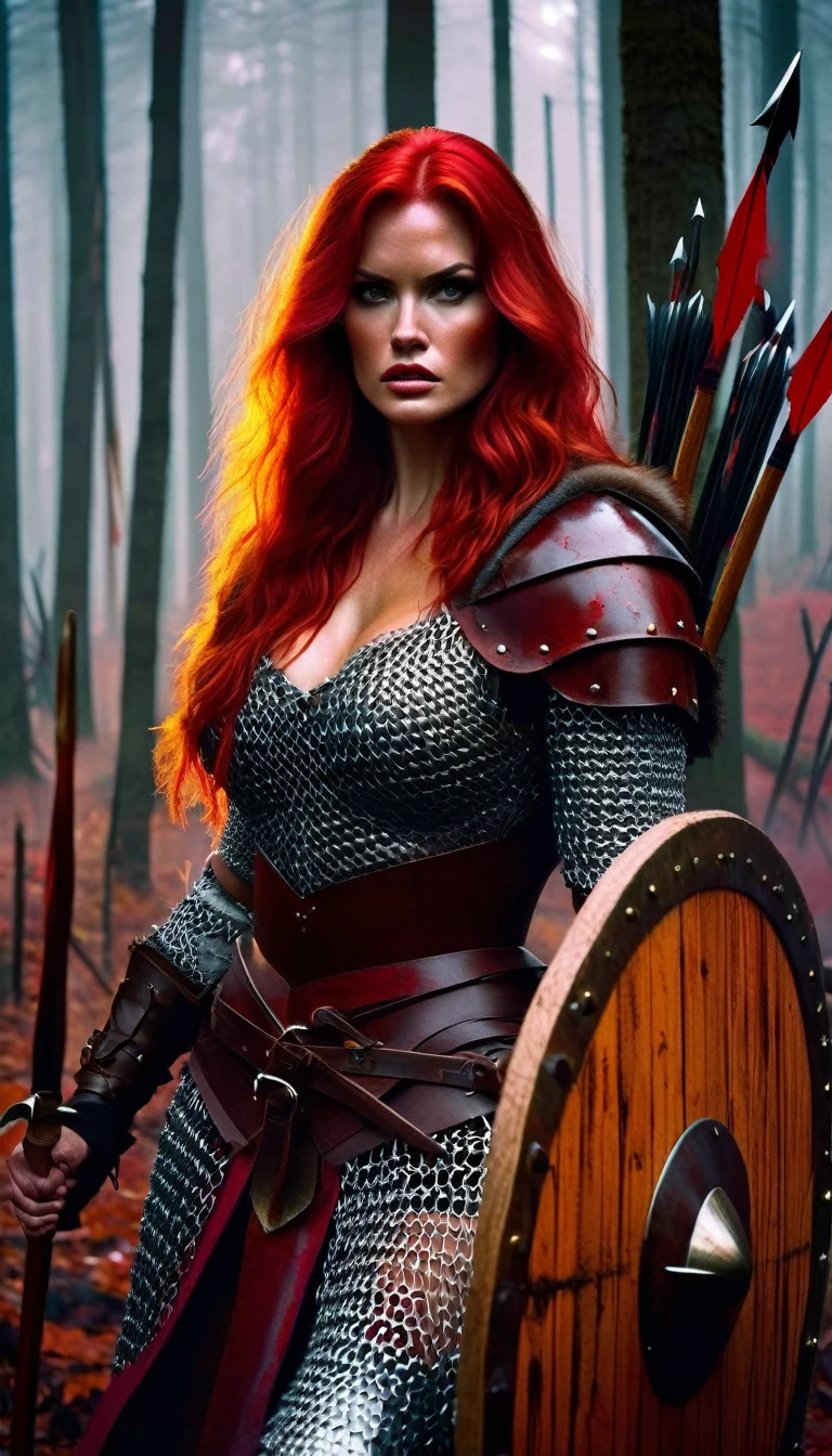 A fierce red-haired warrior, Red Sonja, in chain mail, very sexy, full of blood, with a wooden shield full of stuck arrows, and an axe, in a closed forest landscape, autumn, blood stains (best quality, 4k, 8k, high resolution, masterpiece: 1.2), ultra detailed, vivid colors. bokeh, portraits, concept art, dramatic lighting, art inspired by Bill Sienkiewicz
