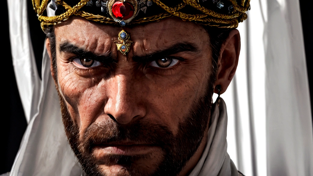 [(intense, focused atmosphere:1.30) ::0.40], (close-up portrait:1.25), (The king with a penetrating gaze),(crown on the head:0.9) [royal expression: Imposing presence: 0.90], [intimidating look: powerful aura: 0.80], (royal authority:1.20), (captivating eyes:1.15), (majestic behavior:1.10), (gesture: Euphoric1.3)