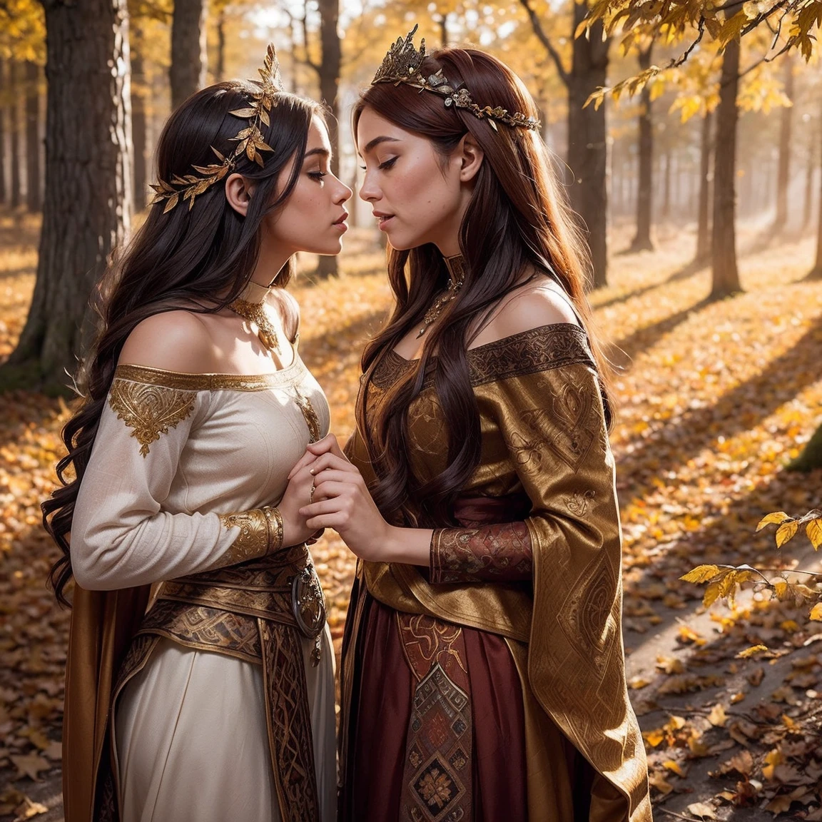 A radiant and enchanting (((Nordic goddess))) gracefully standing amidst a vibrant autumn landscape. Her flowing auburn locks cascade down her shoulders, adorned with a crown of golden leaves that mirror the colorful foliage surrounding her. The ground is covered with autumn-colored leaves . She is cloaked in a gown of earthy tones, embroidered with intricate patterns representing the changing seasons. The soft glow of the setting sun casts a warm, ethereal light upon her, infusing the scene with a magical ambiance. Autumn-colored dead leaves are carried by the breeze. (two girls are deeply in love with each other, kiss:1.3)