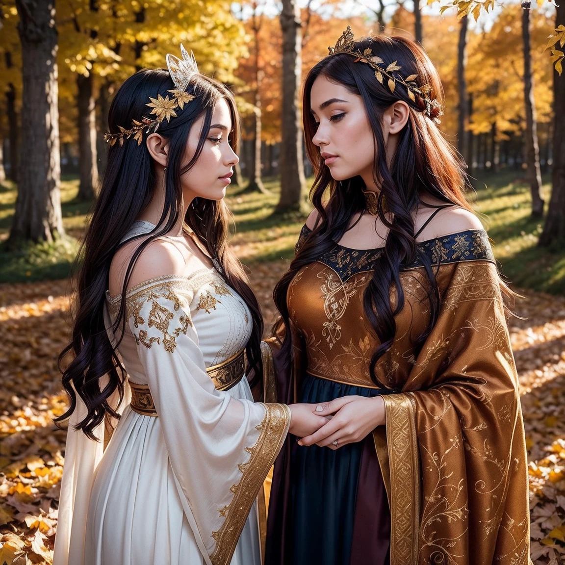 A radiant and enchanting (((Nordic goddess))) gracefully standing amidst a vibrant autumn landscape. Her flowing auburn locks cascade down her shoulders, adorned with a crown of golden leaves that mirror the colorful foliage surrounding her. The ground is covered with autumn-colored leaves . She is cloaked in a gown of earthy tones, embroidered with intricate patterns representing the changing seasons. The soft glow of the setting sun casts a warm, ethereal light upon her, infusing the scene with a magical ambiance. Autumn-colored dead leaves are carried by the breeze. (two girls are deeply in love with each other, kiss:1.3)