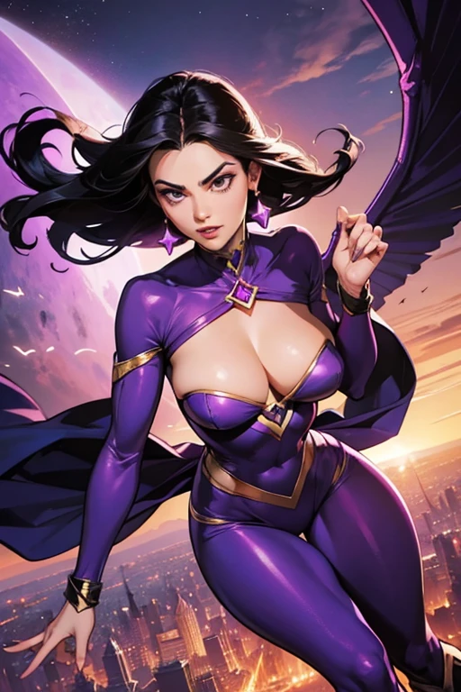 (sfw)The powerful superheroine Purple Diamond takes flight in the turbulent skies of New York, Beautiful young woman with black hair, atraente e sedutora, but ruthless against his enemies, art direction John Buscema