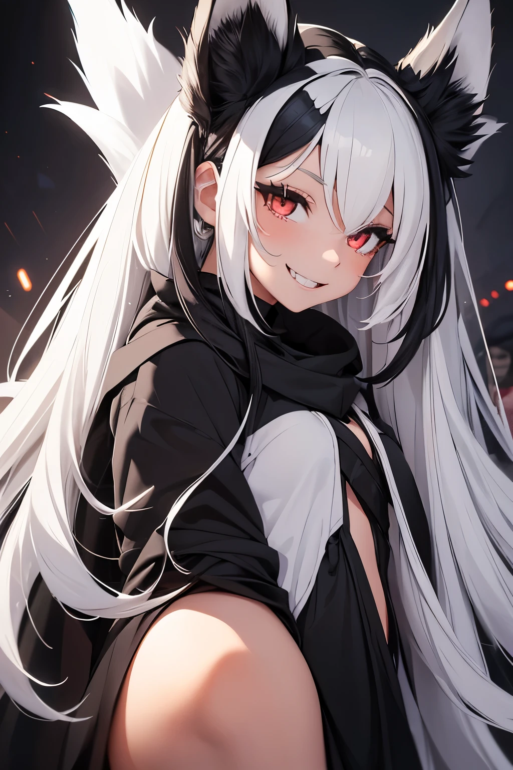 young girl with fox ears and five big, furry black tails. She has long hair that divides into two large locks at the end, the right side of her hair is white, while the other eye and the remaining half are black, pointy teeth, evil smile and eyes.