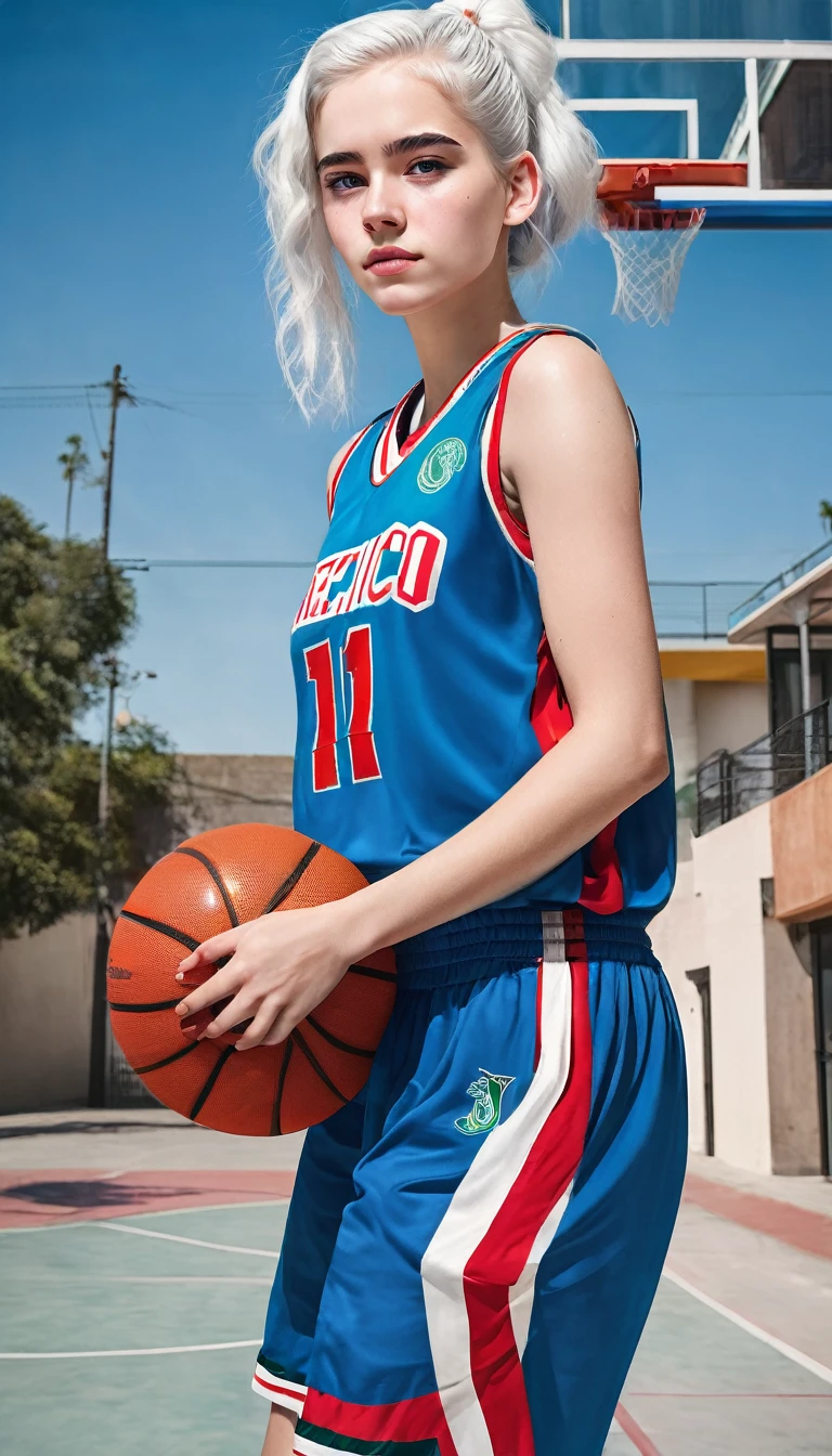 Female teenager with white hair up blue eyes and white skin wearing MEXICO basketball uniform full body 