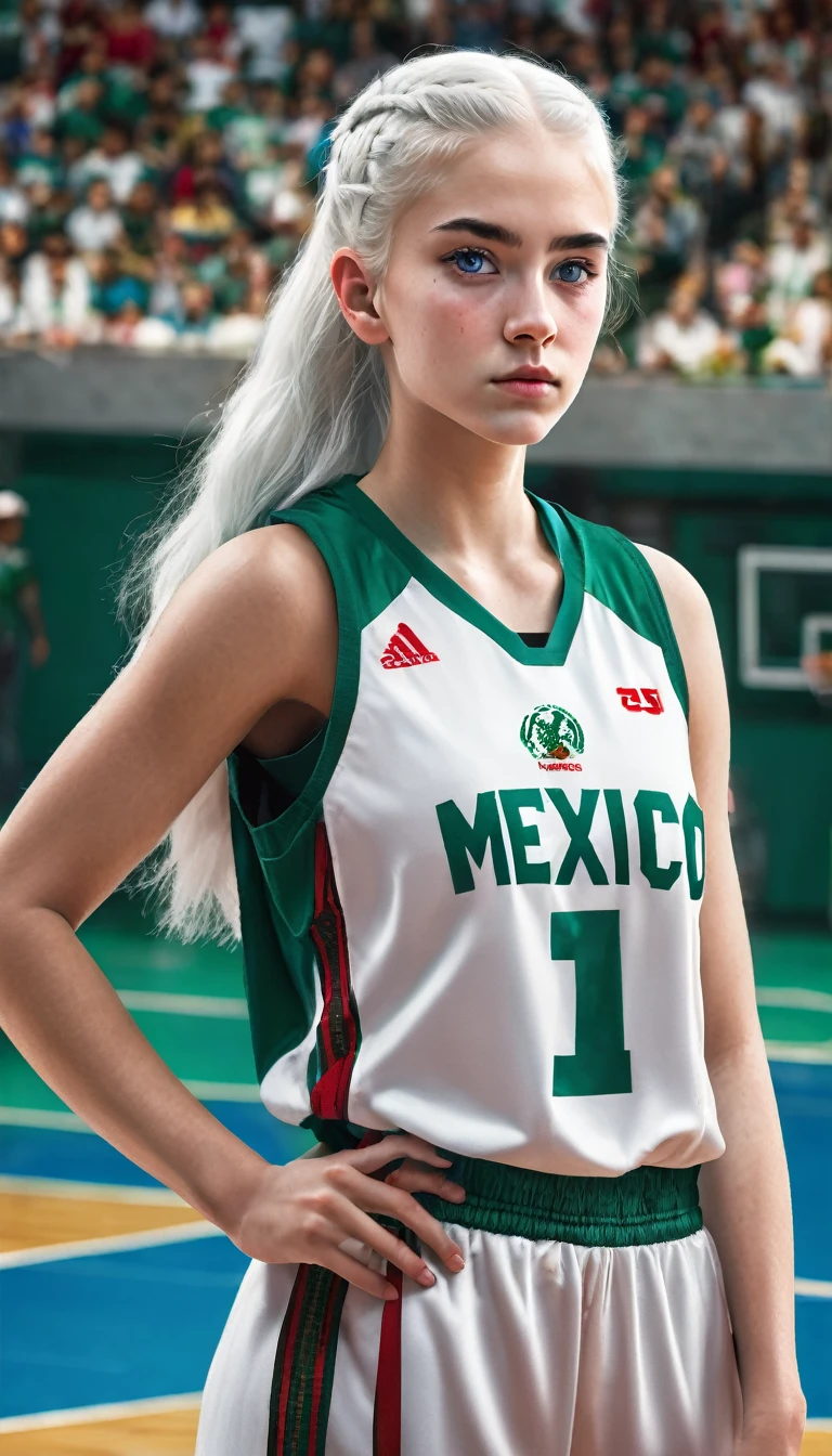 Female teenager with white hair up blue eyes and white skin wearing MEXICO basketball uniform full body