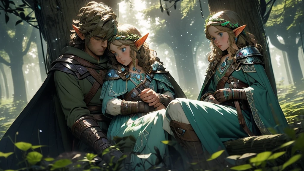 A little gnome with blue eyes and pointy ears, wearing a flower crown and adorned with intricate jewelry. She has curly hair and a cape with a crossed brooch. A small green frog with a backpack is sitting on his shoulder. She is riding a Saint Bernard dog with a potion collar. The background is a dreamy forest, set in medieval RPG dungeon and dragon