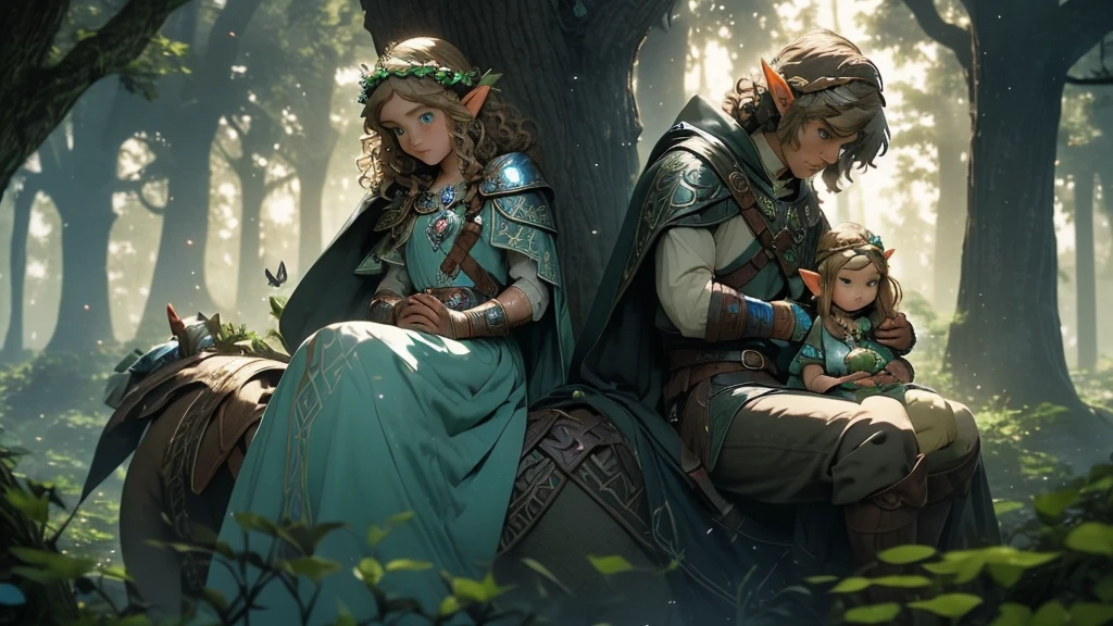 A little gnome with blue eyes and pointy ears, wearing a flower crown and adorned with intricate jewelry. She has curly hair and a cape with a crossed brooch. A small green frog with a backpack is sitting on his shoulder.  She is riding a Saint Bernard dog with a potion collar. The background is a dreamy forest, set in medieval RPG dungeon and dragon