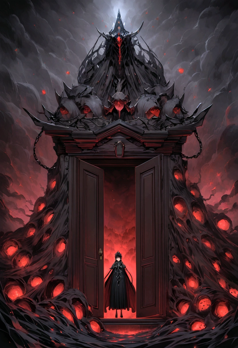 A phantom difference,Pull a newly reincarnated soul with an iron chain,In a very dark clearing,hellish environment, There's a super big door in front,