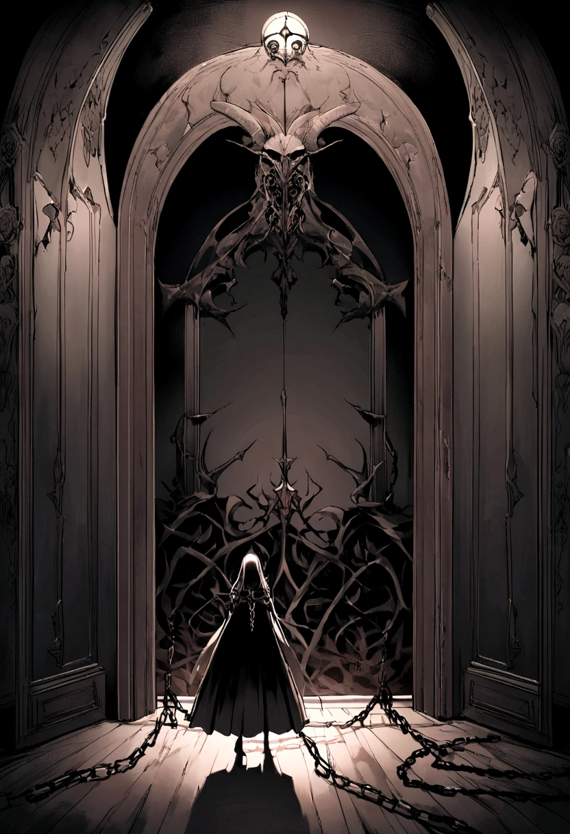 A phantom difference,Pull a newly reincarnated soul with an iron chain,In a very dark clearing,hellish environment, There's a super big door in front,