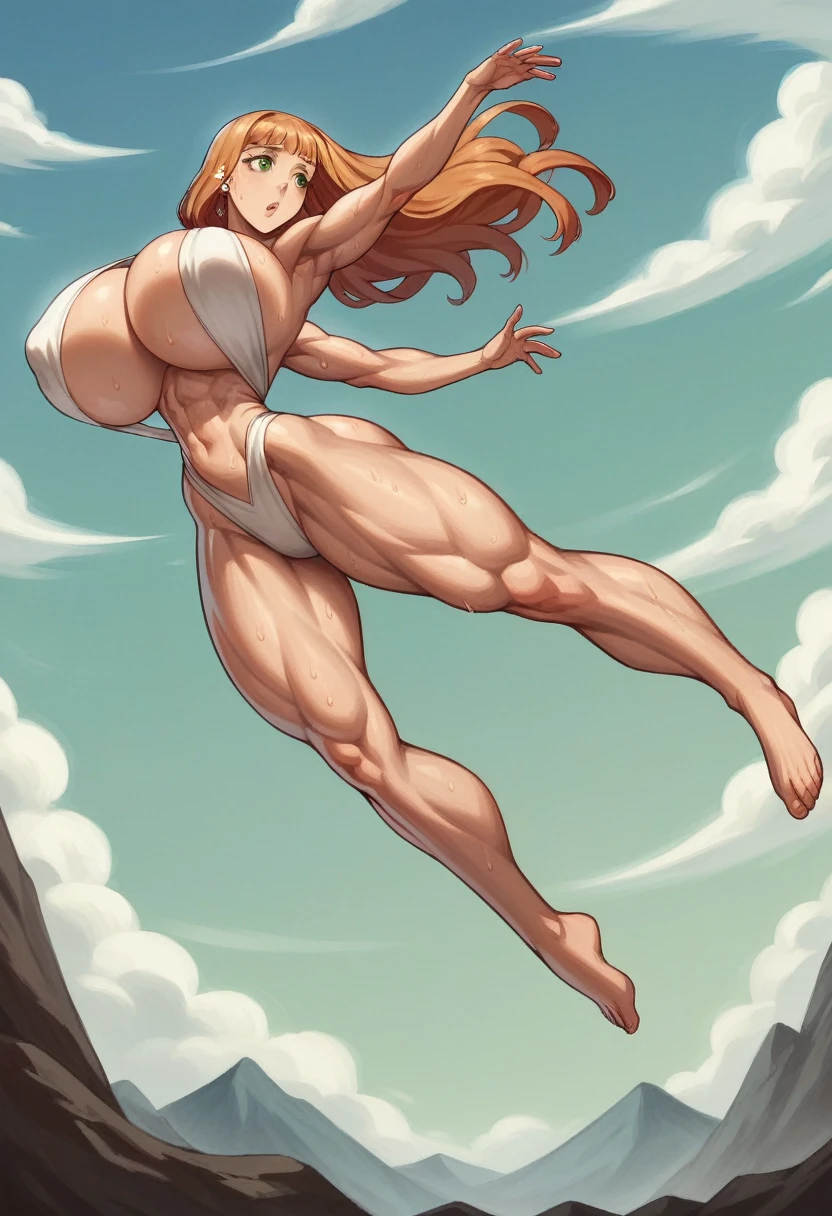 mimosa Vermillion, Women, Charm, defined body, big breasts, small waist, defined abdomen, thin arms, sexy arms, noodle arms, six pack, very high, huge butt, muscular legs, huge legs, wide legs, exaggeratedly muscular legs, long legs, barefoot, white monk clothes, Arms at the sides, Relaxed arms, bare arms, sexy legs, big breasts seductores, kicking in the air, in a mountain, many stones destroyed, alone, excessive sweat
