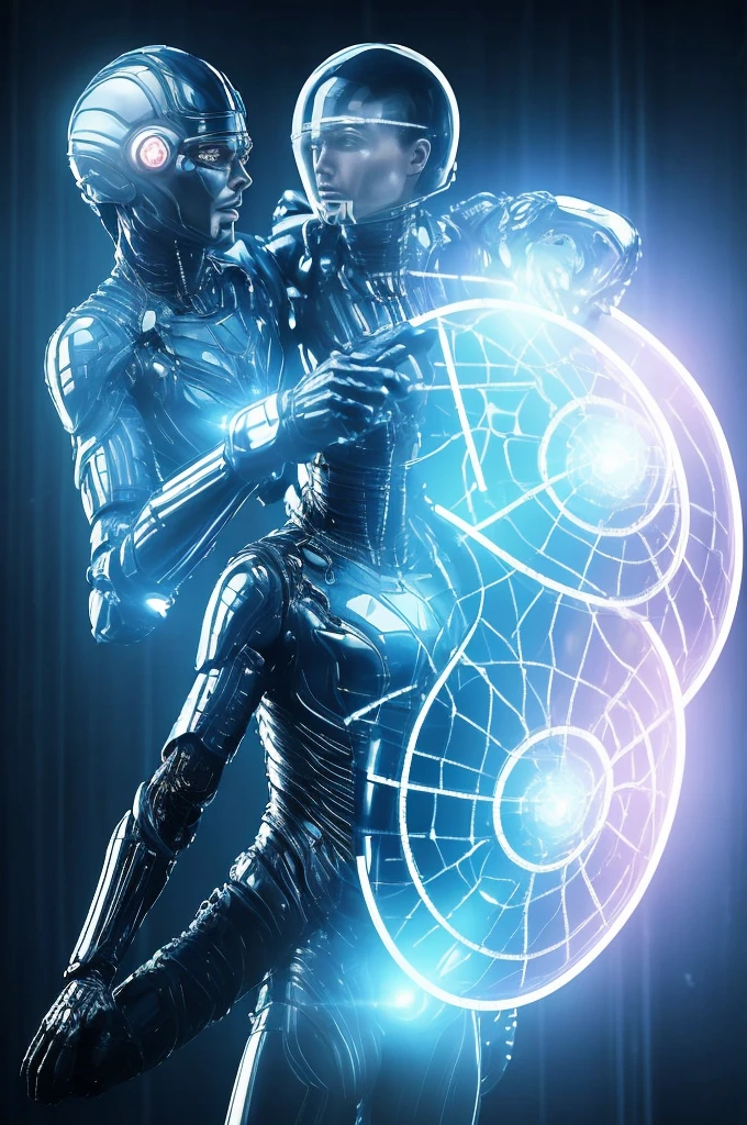 digital era in the background with genetic codes linked to Human DNA , with a person fighting technological false information, and a shield protecting.