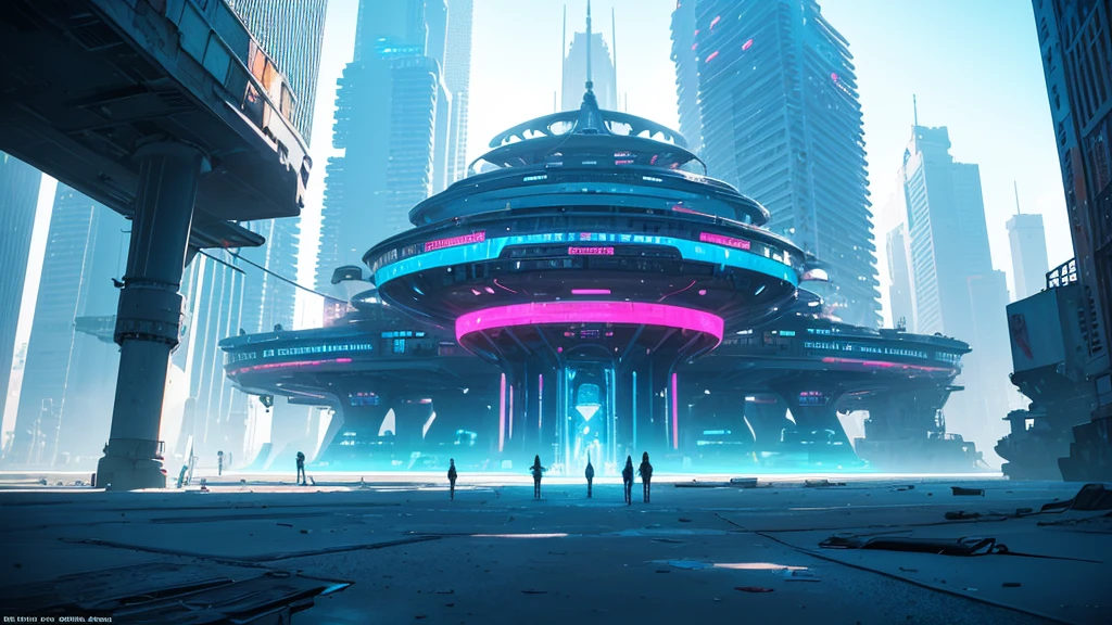 a futuristic beach scene, abandoned and deserted, no boats or people, massive skyscrapers in the background, glowing neon signs, floating platforms, glowing energy fields, shimmering holographic displays, vibrant neon colors, cinematic lighting, intricate architecture, advanced technology, sci-fi atmosphere, highly detailed, 8k, photorealistic, award winning concept art