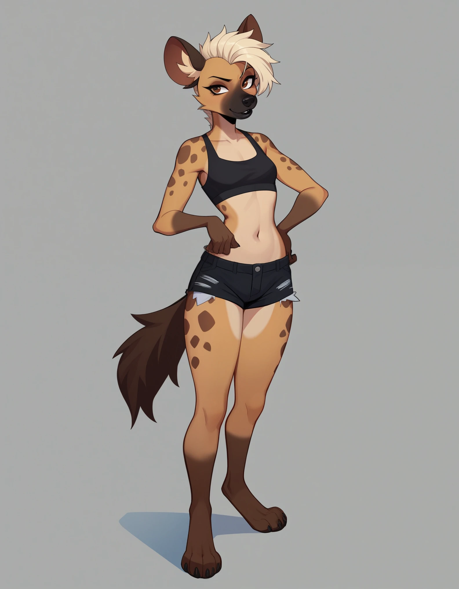 Solo, score_9,score_8_up,score_7_up, flat colors, source_furry, a tall female spotted hyena, brown snout, black nose, brown eyes, short spiked undercut platinum blonde hair, black lips, hyena tail, brown hyena ears, small breasts, feminine hourglass figure, full body shot, standing, wearing black crop top, black short shorts, simple grey background 