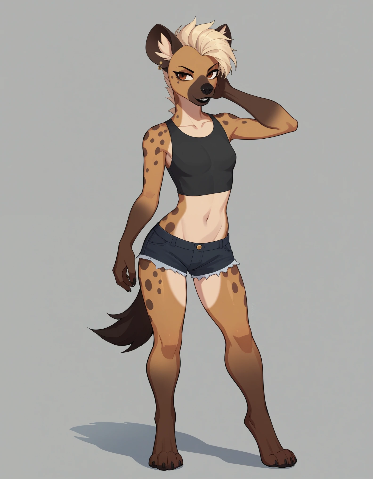 Solo, score_9,score_8_up,score_7_up, flat colors, source_furry, a tall female spotted hyena, brown snout, black nose, brown eyes, short spiked undercut platinum blonde hair, black lips, hyena tail, brown hyena ears, small breasts, feminine hourglass figure, full body shot, standing, wearing black crop top, black short shorts, simple grey background 