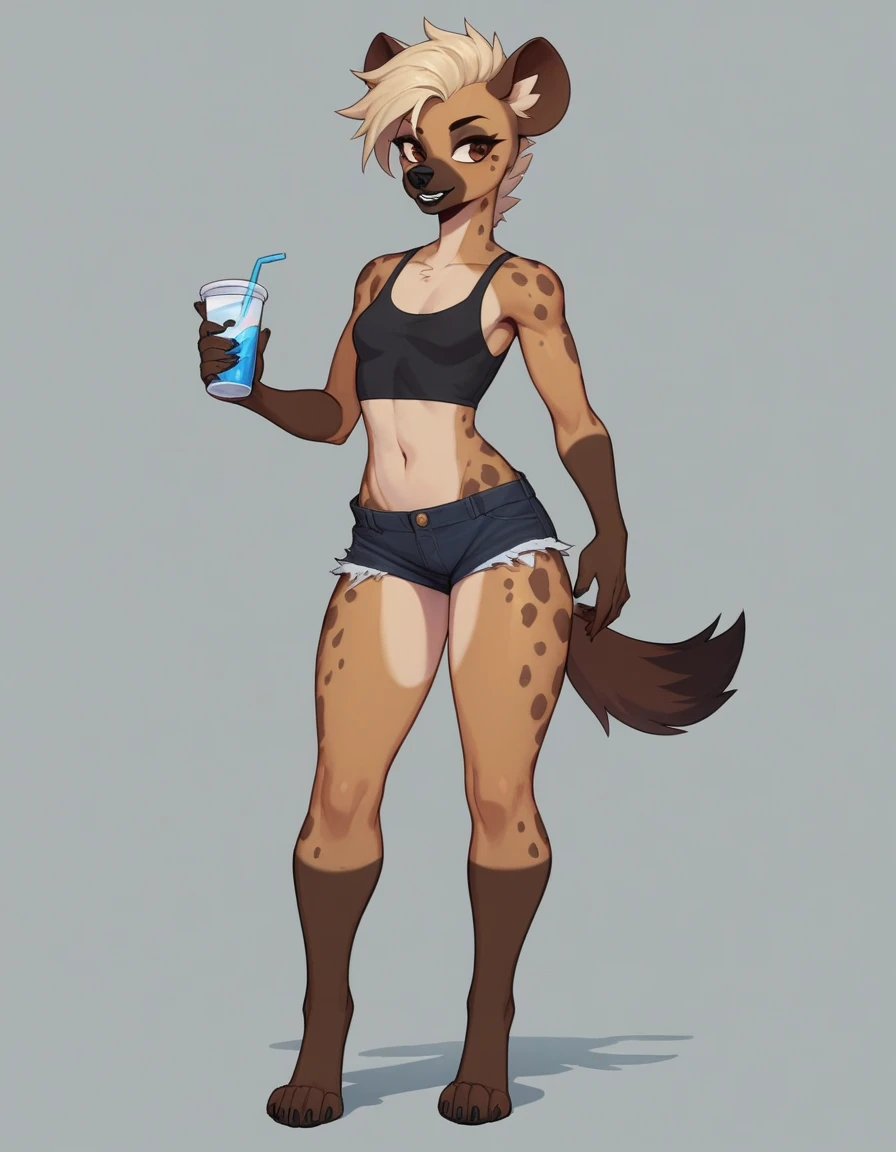 Solo, score_9,score_8_up,score_7_up, flat colors, source_furry, a tall female spotted hyena, brown snout, black nose, brown eyes, short spiked undercut platinum blonde hair, black lips, hyena tail, brown hyena ears, small breasts, feminine hourglass figure, full body shot, standing, wearing black crop top, black short shorts, simple grey background 