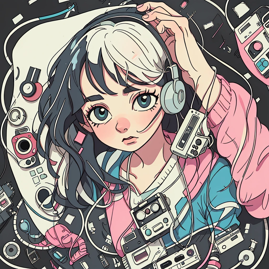 A person holding a cassette tape labeled ‘LOFI 1970-4,’ evoking a sense of nostalgia and retro music. The illustration style is reminiscent of manga or anime, with detailed hair and expressive line work.