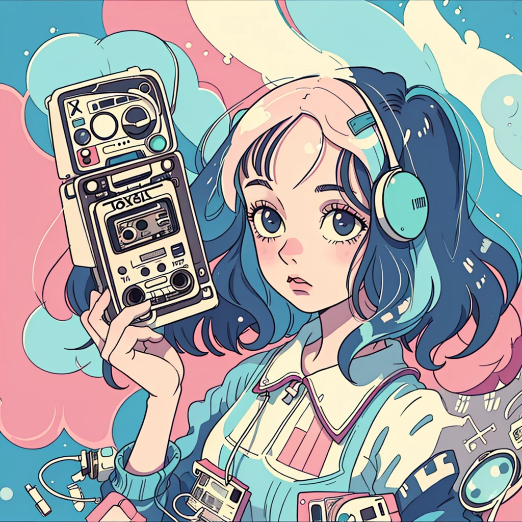 A person holding a cassette tape labeled ‘LOFI 1970-4,’ evoking a sense of nostalgia and retro music. The illustration style is reminiscent of manga or anime, with detailed hair and expressive line work.