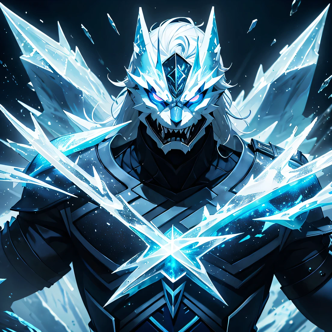 "The character wears an elaborate ice mask that covers his face., with big ears and sharp fangs, reminiscent of saber teeth, all made of ice. His loose and slightly dirty suit is blue., complemented with ice details. His claws, also ice, stick out of your hands, adding a menacing and icy touch to your appearance."