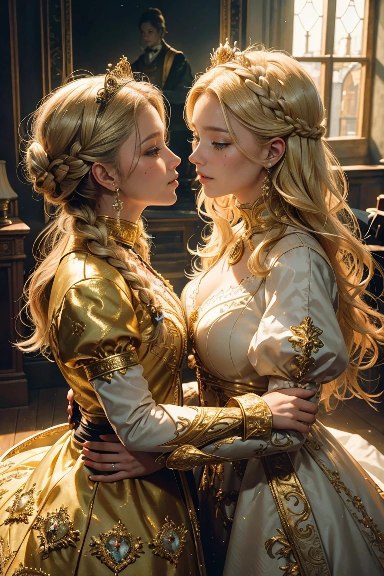 Gorgeous court costumes, blonde hair, french braid, crown, mole under eye, light smile, Renaissance, ray tracing, Sony FE GM, masterpiece, UHD, anatomically correct, textured skin, two girls are deeply in love with each other, kiss