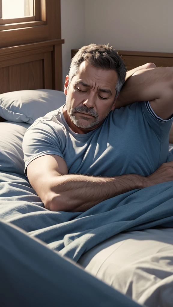 Middle aged man lying on the bed in his room with his eyes closed.