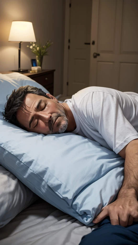 Middle aged man lying on the bed in his room with his eyes closed.