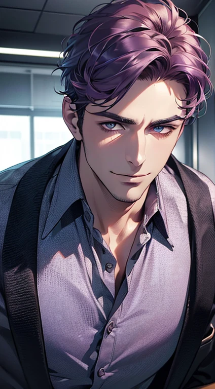 (best quality,4k,8k,highres,masterpiece:1.2),ultra-detailed,(realistic,photorealistic,photo-realistic:1.37),1 man,31 years old,mature man,very handsome,without expression,smile,short purple hair,blue eyes,penetrating gaze,perfect face without errors,imposing posture,businessman,office background,cinematic lighting,hdr image