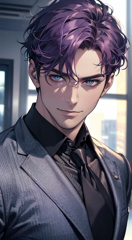 (best quality,4k,8k,highres,masterpiece:1.2),ultra-detailed,(realistic,photorealistic,photo-realistic:1.37),1 man,31 years old,mature man,very handsome,without expression,smile,short purple hair,blue eyes,penetrating gaze,perfect face without errors,imposing posture,businessman,office background,cinematic lighting,hdr image