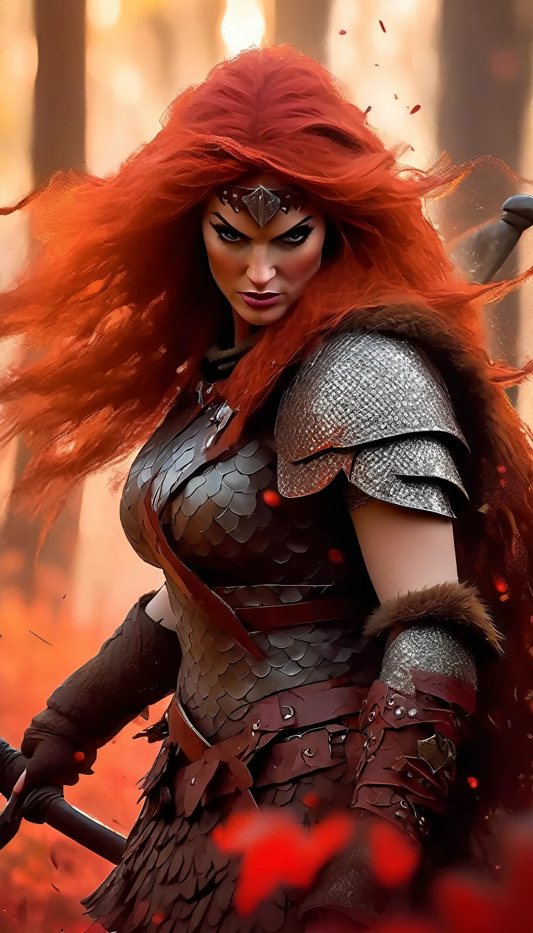 A fierce redhead warrior, Red Sonja, in chain mail, very sexy, full of blood, with a wooden shield and an axe, in a closed forest landscape, autumn, blood stains (best quality, 4k, 8k, high resolution, masterpiece: 1.2), ultra detailed, vivid colors. bokeh, portraits, concept art, dramatic lighting, art inspired by Bill Sienkiewicz