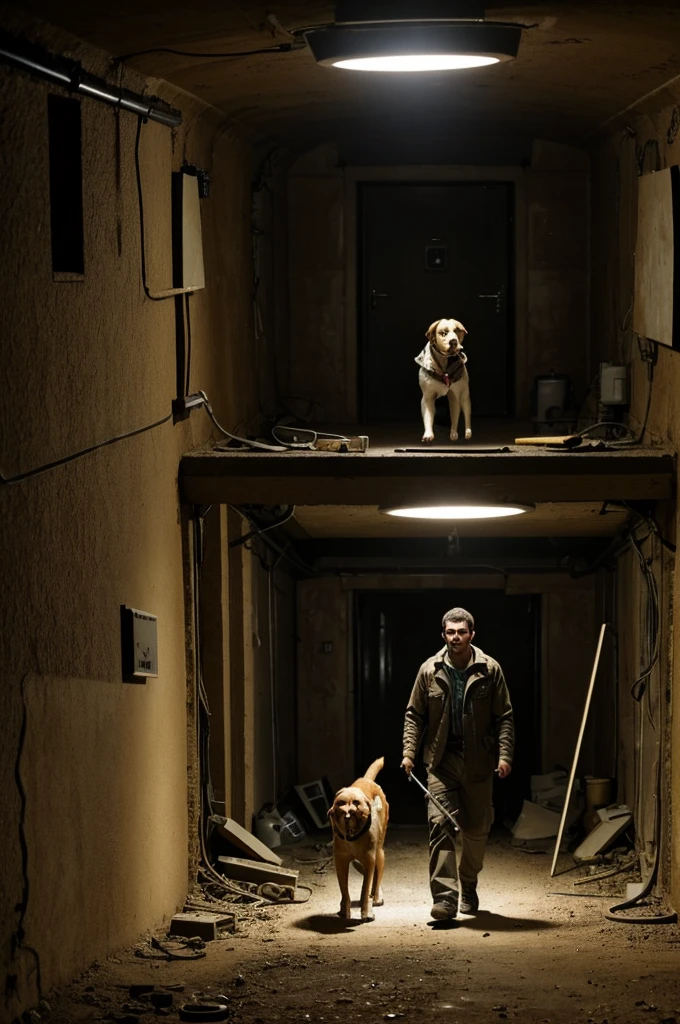A man with his dog in an underground laboratory like an abandoned secret bunker and they are exploring secret rooms and there are lights that turn on and off due to the wear and tear of time.