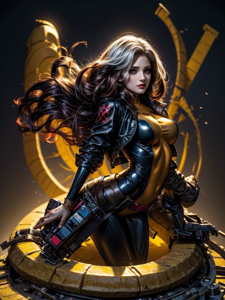 Dianna Agron、masterpiece、High quality 4K、villain (X-Men)、Gothic Girl、Sculpted Body Gothic Makeup、Black jacket、Red and blue bodysuit、masterpiece、Highest quality、Cowboy Shots、One personの女の子、One person、Technology Military Bodysuit、fringe