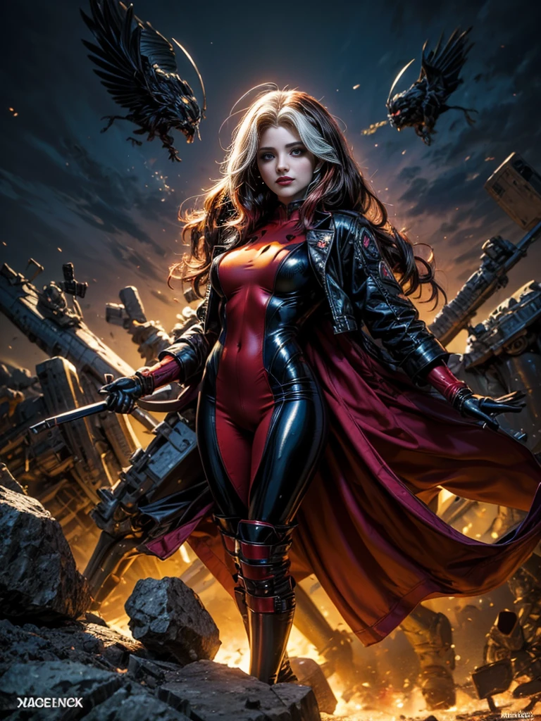 Kristen Bell、masterpiece、High quality 4K、villain (X-Men)、Gothic Girl、Sculpted Body Gothic Makeup、Black jacket、Red and blue bodysuit、masterpiece、Highest quality、Cowboy Shots、One personの女の子、One person、Technology Military Bodysuit、fringe