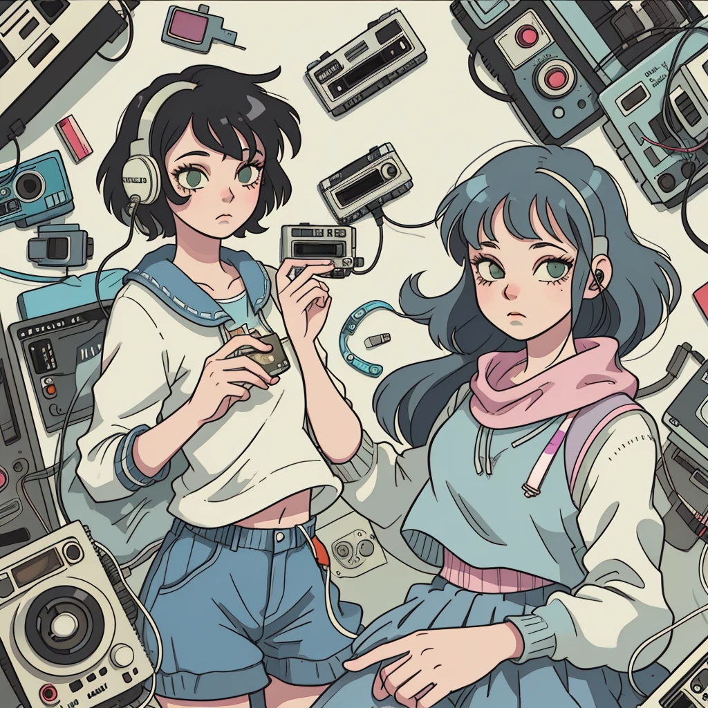 A person holding a cassette tape labeled ‘LOFI 1970-4,’ evoking a sense of nostalgia and retro music. The illustration style is reminiscent of manga or anime, with detailed hair and expressive line work.